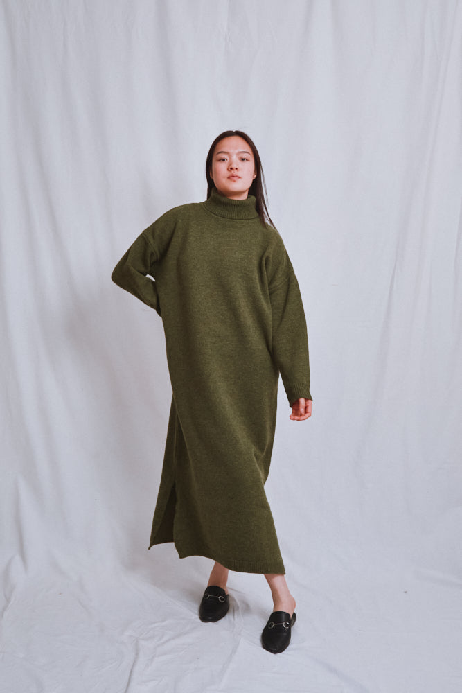 Item #563 - FREYA Knit Dress in Merino Wool - Olive green