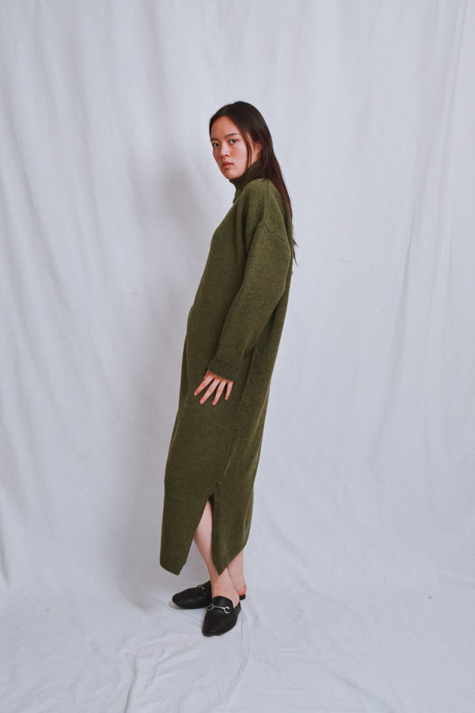 Item #563 - FREYA Knit Dress in Merino Wool - Olive green