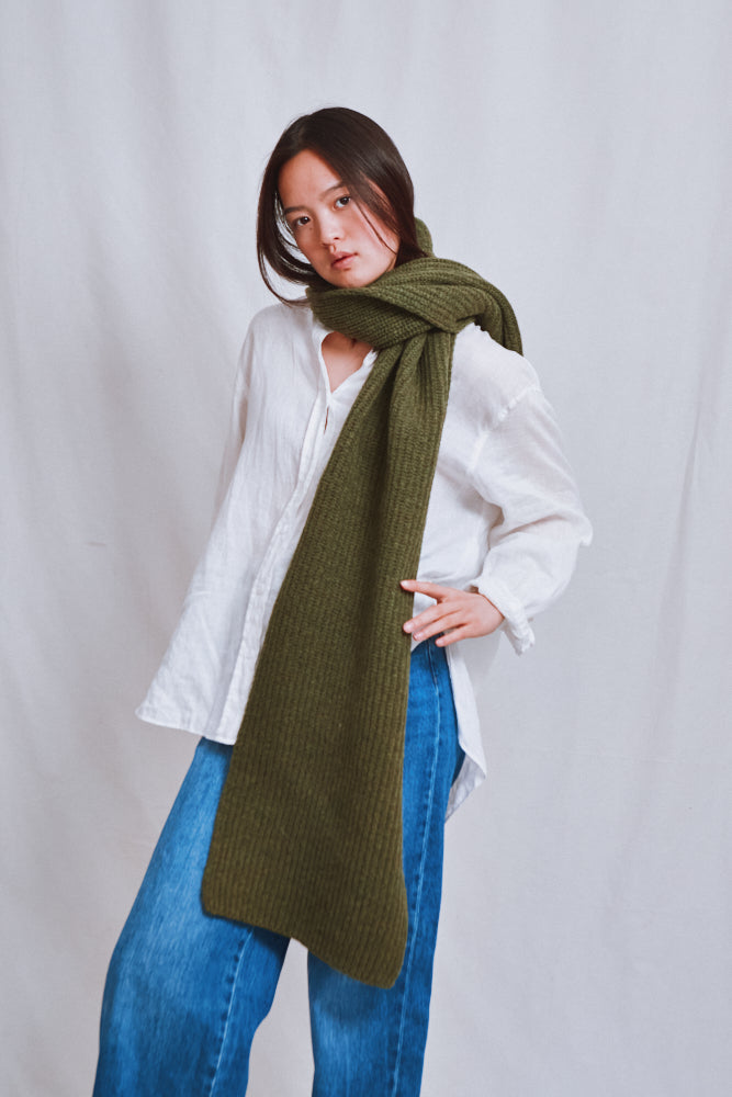 Item #697 - CAMILLE Long Scarf in Merino Wool - Olive Green