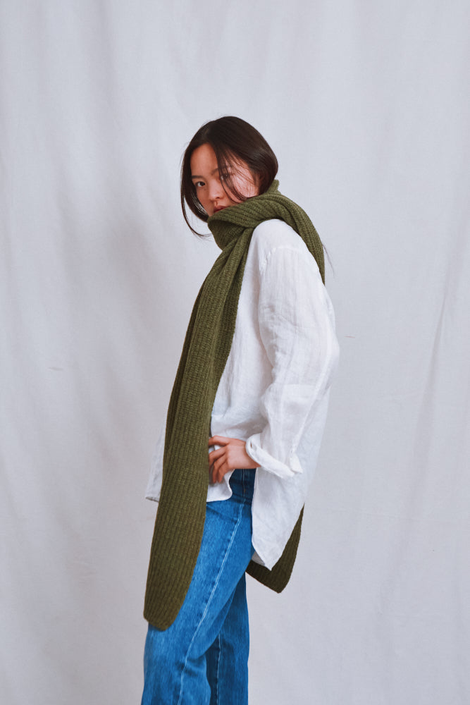 Item #697 - CAMILLE Long Scarf in Merino Wool - Olive Green