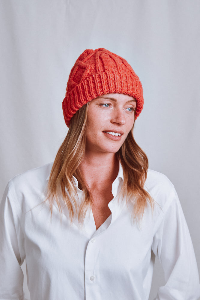 Item #736 - CAPUCINE Unisex Cable Knit Beanie in Merino Wool - Coral