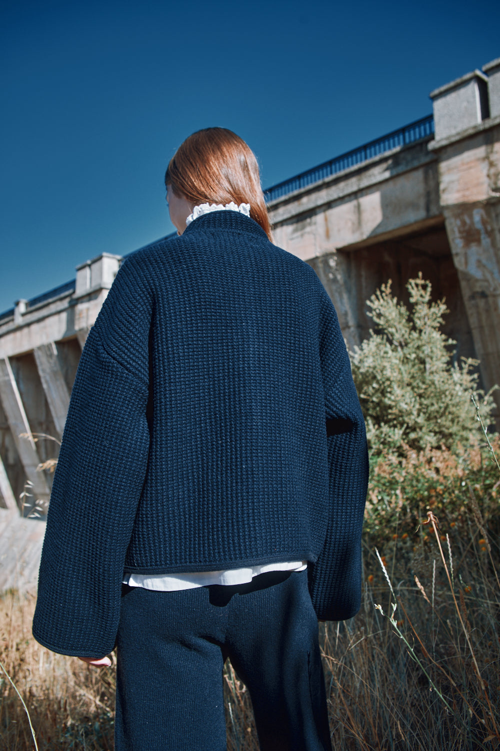 DELPHINE Bell-Sleeve Knit Jacket in Merino Wool - Navy | L'Envers