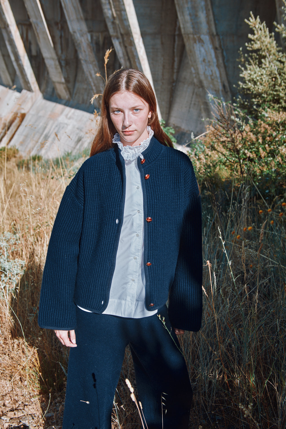 DELPHINE Bell-Sleeve Knit Jacket in Merino Wool - Navy
