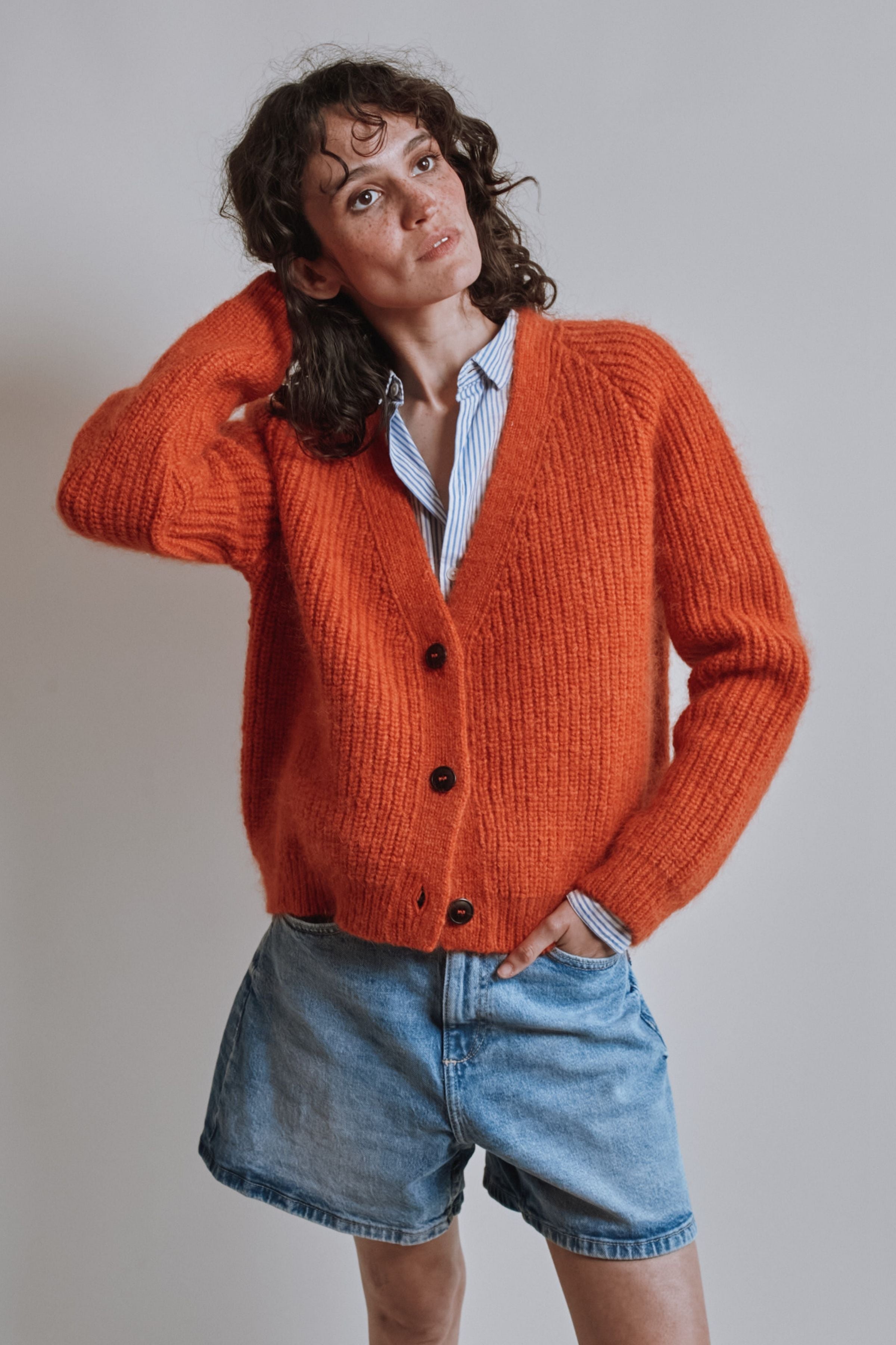 ANNA V-Neck Cardigan in Merino-Mohair Wool - Burnt Orange