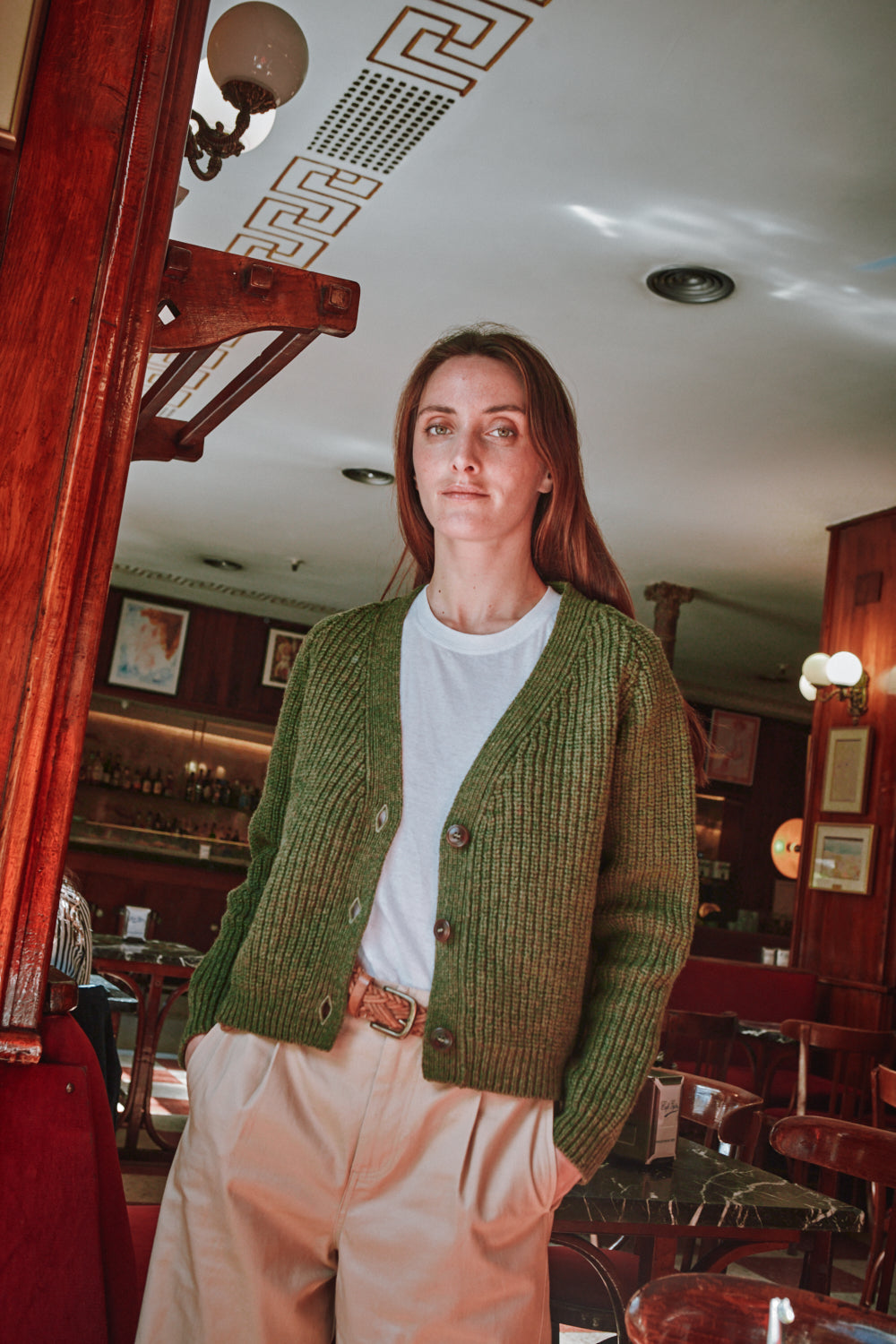 ANNA V-Neck Cardigan in Merino Wool - Olive Green
