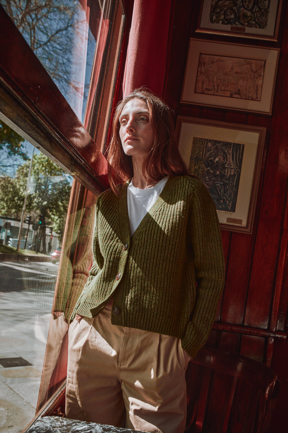 ANNA V-Neck Cardigan in Merino Wool - Olive Green