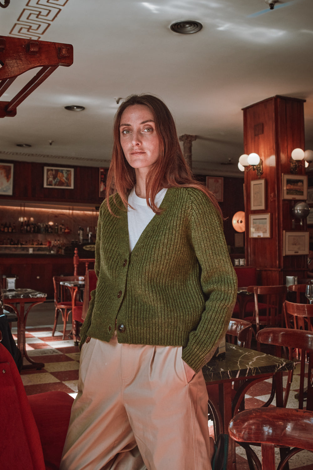 ANNA V-Neck Cardigan in Merino Wool - Olive Green