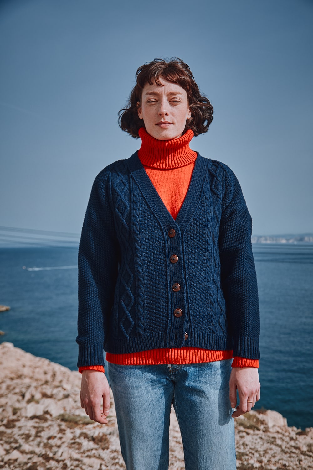 ANNIE V-Neck Cable Cardigan in Merino Wool - Navy - 100% cruelty-free merino wool - sustainable knitwear-  Spanish Merino Wool Cardigan - L'Envers