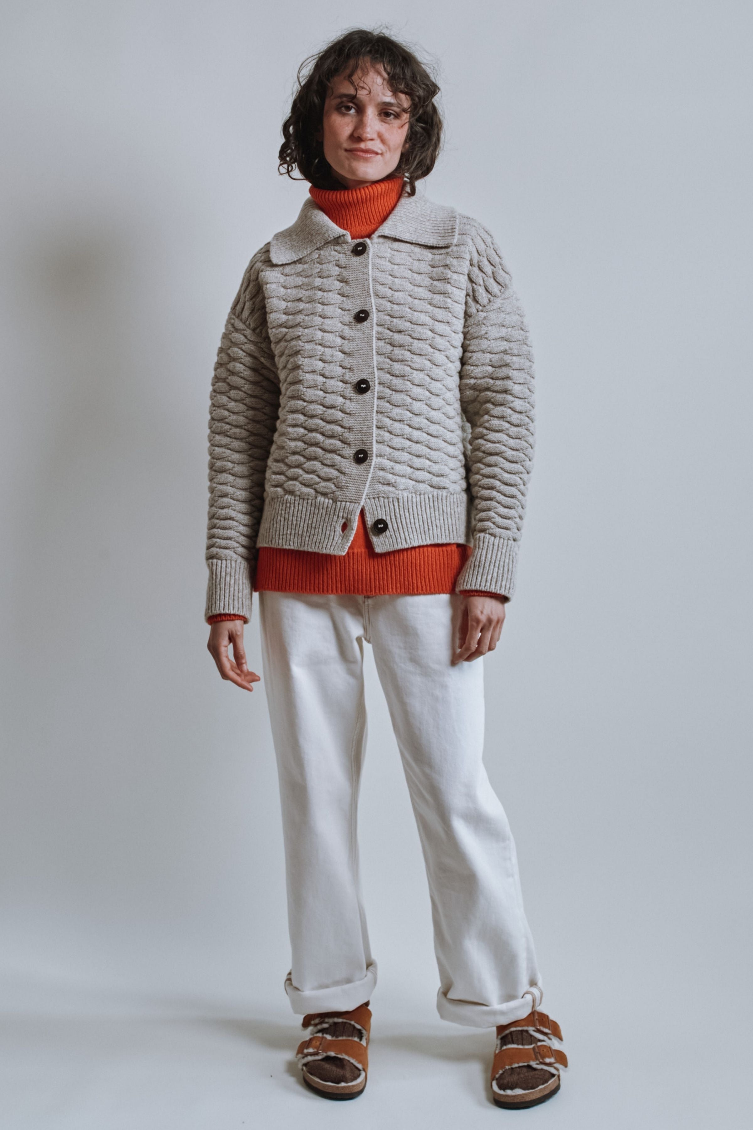 ASTRID Shirt-Collar Cardigan Jacket in Merino Wool - Beige
