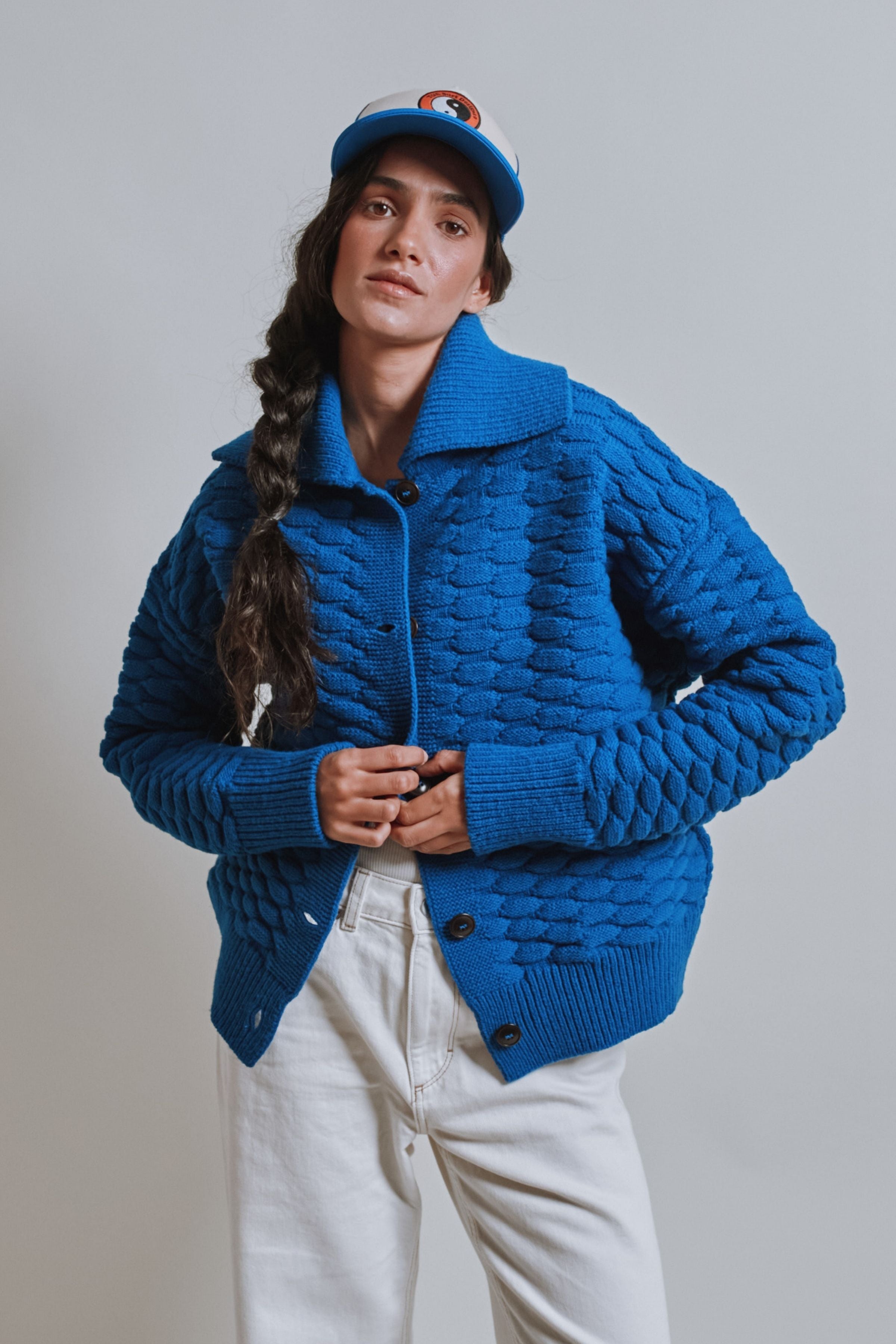 ASTRID Shirt-Collar Cardigan Jacket in Merino Wool - Cobalt Blue