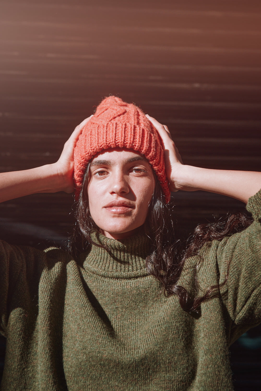 CAPUCINE Unisex Cable Knit Beanie in Merino Wool - Coral
