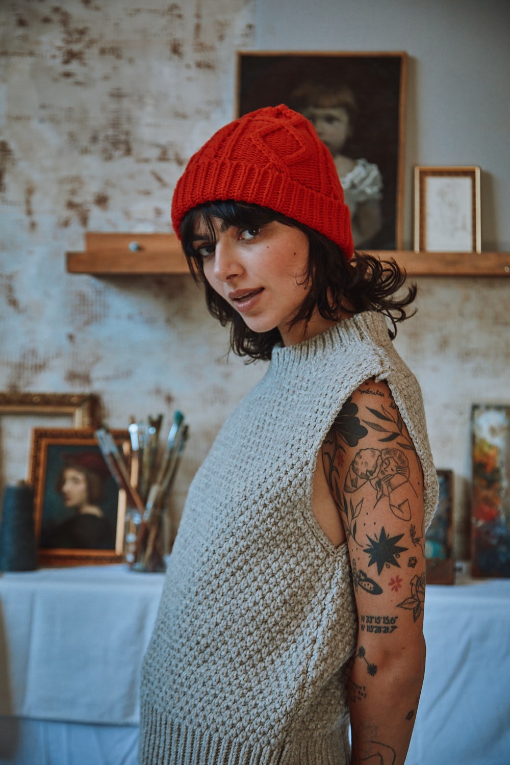 CAPUCINE Unisex Cable Knit Beanie in Merino Wool - Red