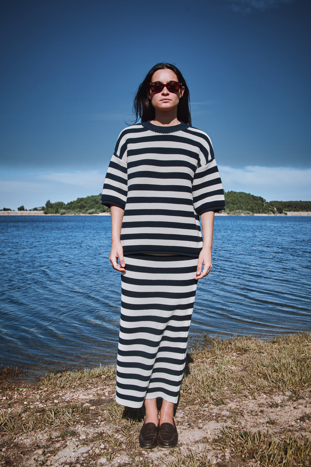 CECILE Straight Midi Skirt in Organic Cotton - Navy Blue and Off-white stripes