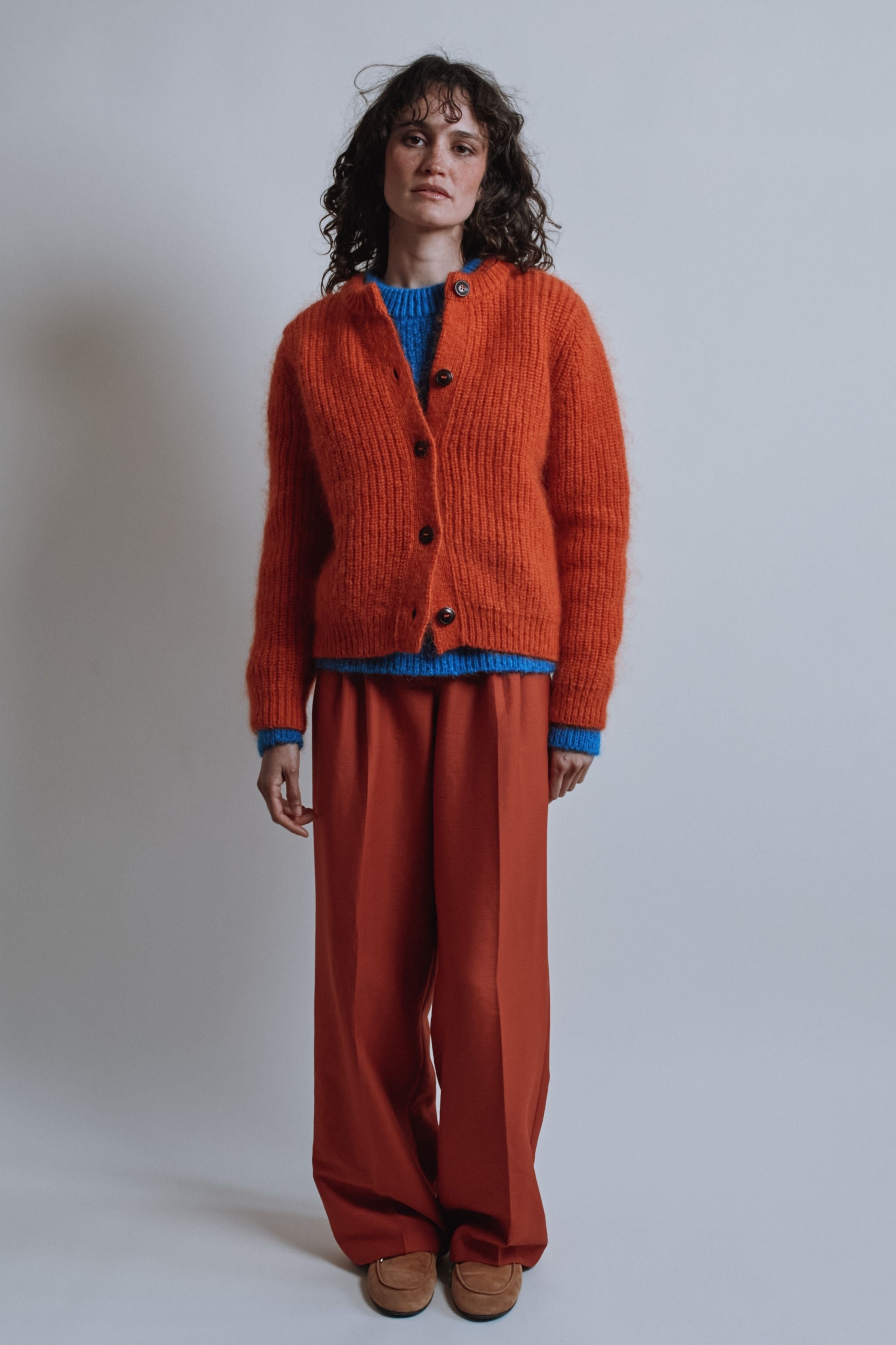 CHARLOTTE Round-Neck Cardigan in Merino-Mohair Wool - Burnt Orange