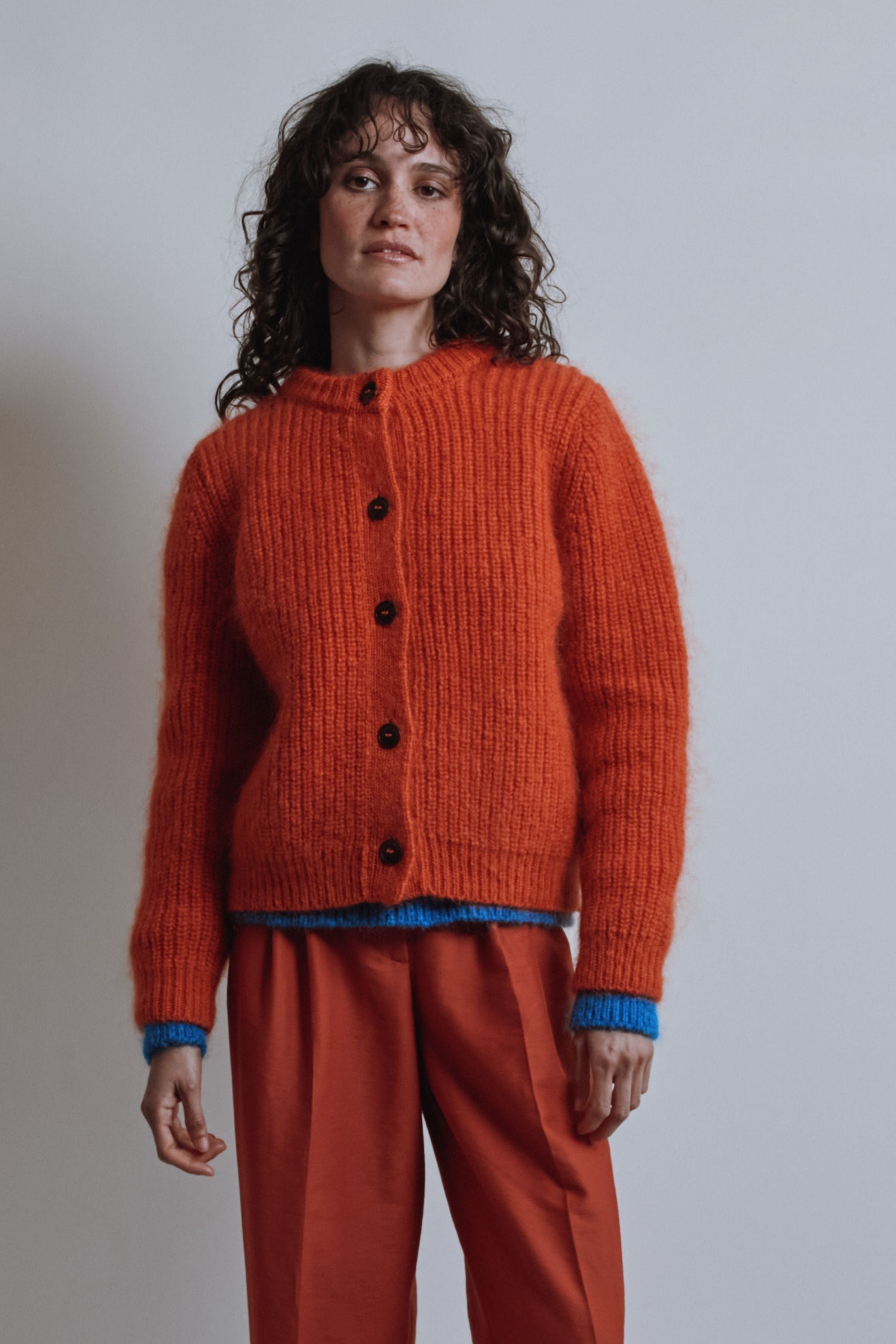 CHARLOTTE Round-Neck Cardigan in Merino-Mohair Wool - Burnt Orange