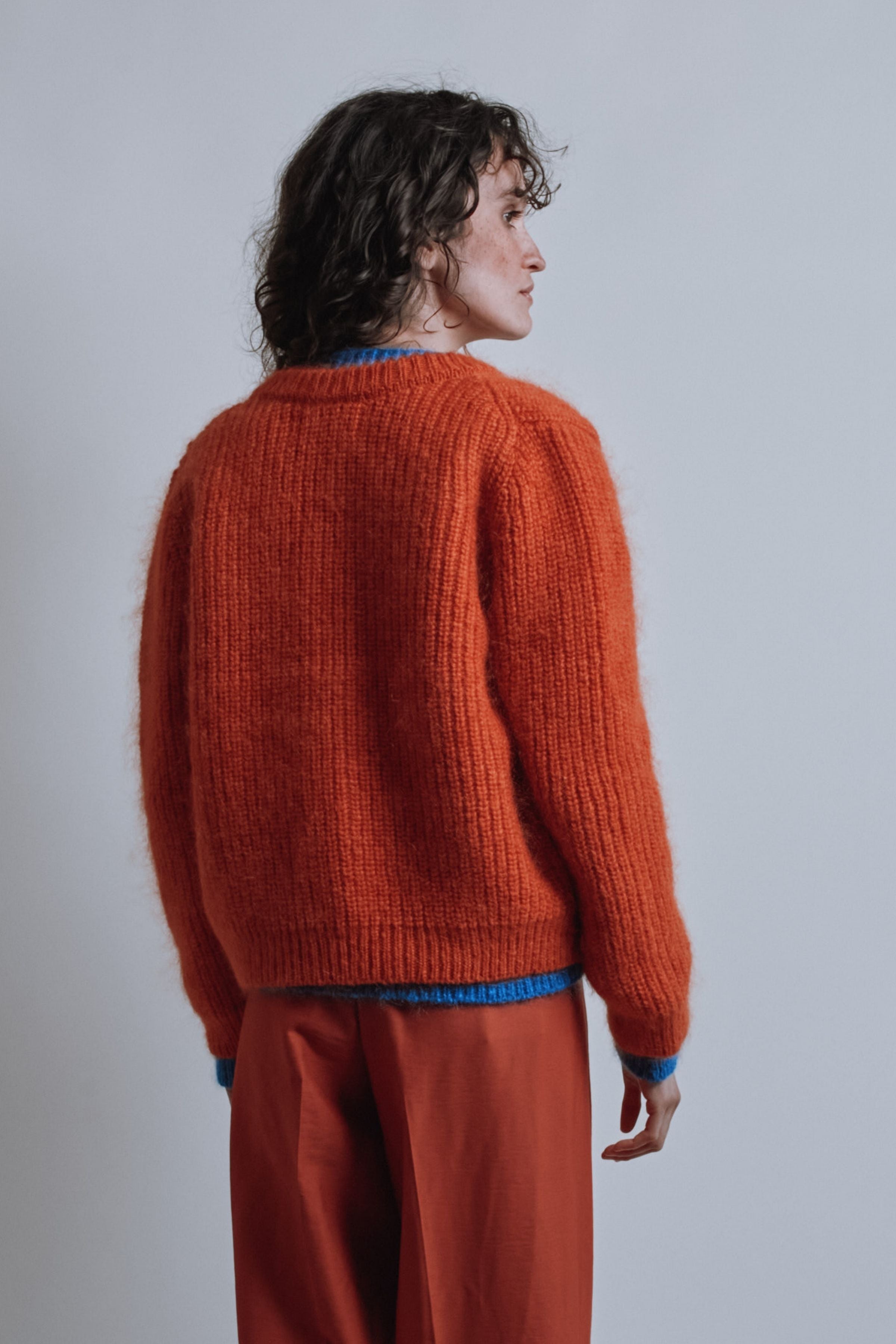 CHARLOTTE Round-Neck Cardigan in Merino-Mohair Wool - Burnt Orange