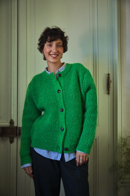 CHARLOTTE Cardigan- 100% Cruelty Free Merino Wool in parrott green- Spanish Merino Wool sweater - L'Envers