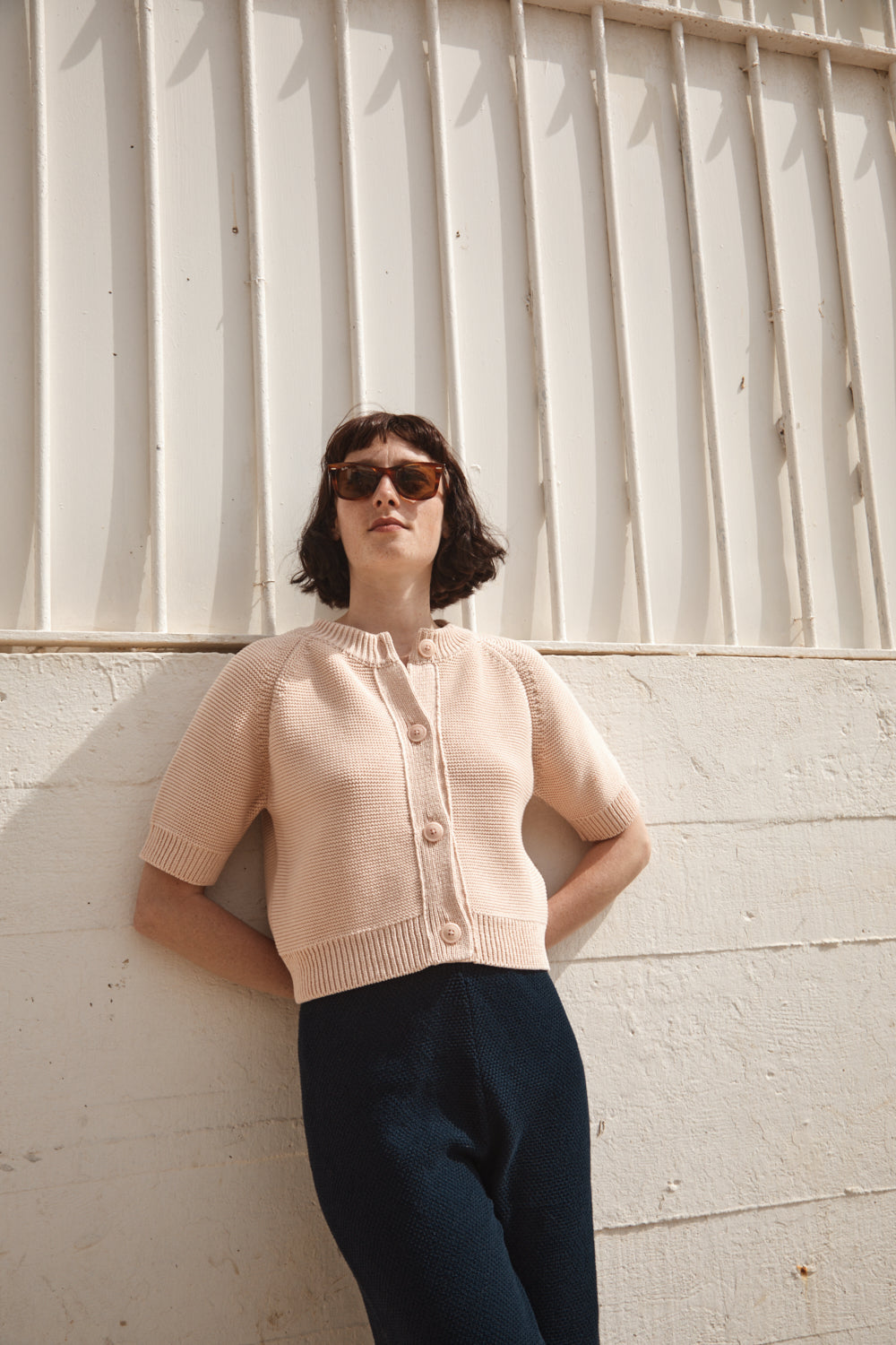 CLARISSE Short-Sleeve Cardigan in Organic Cotton - Powder Pink