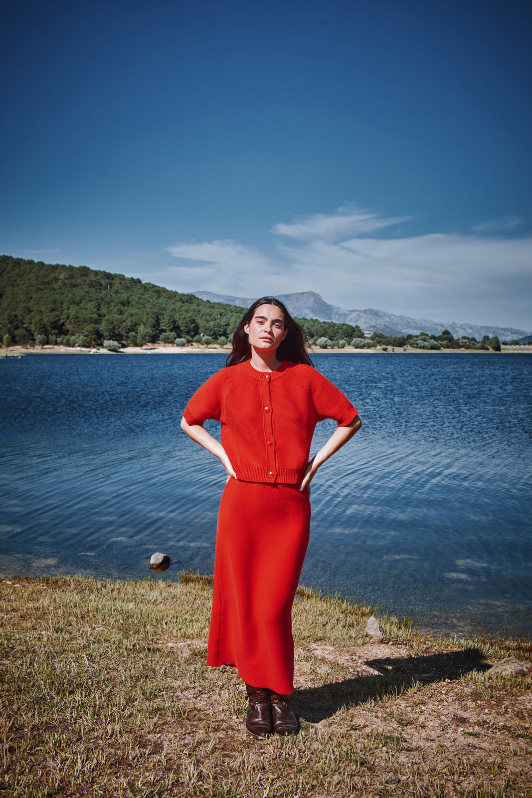 CLARISSE Short-Sleeve Cardigan in Organic Cotton - Red