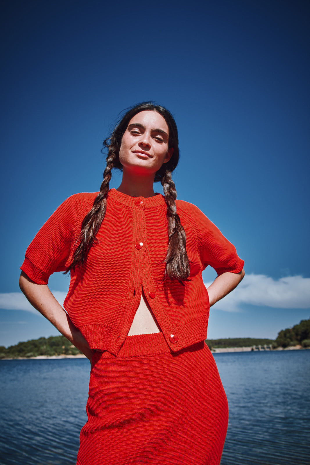 CLARISSE Short-Sleeve Cardigan in Organic Cotton - Red