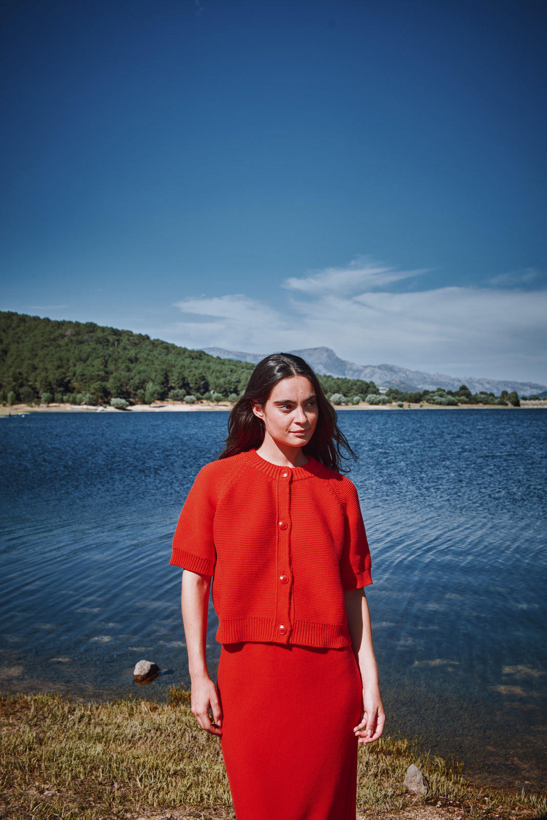 CLARISSE Short-Sleeve Cardigan in Organic Cotton - Red