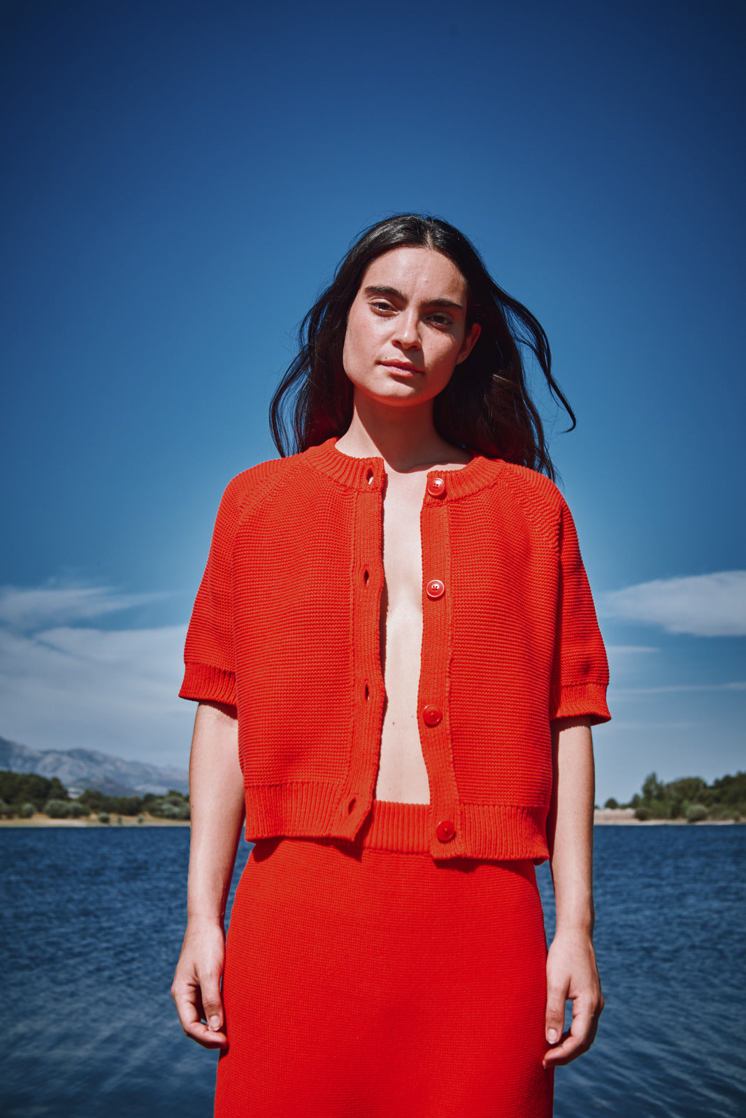 CLARISSE Short-Sleeve Cardigan in Organic Cotton - Red | L'Envers