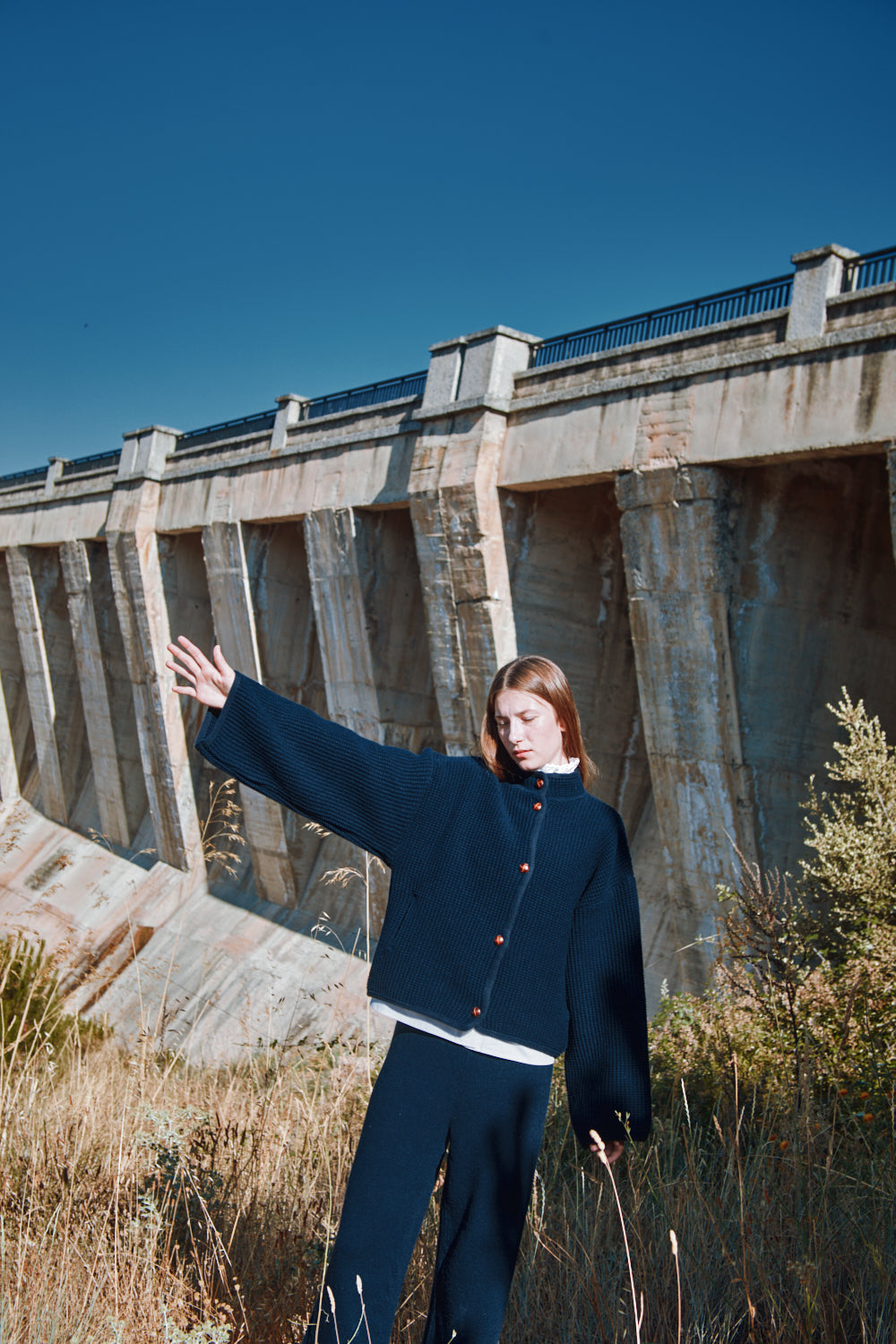 DELPHINE Bell-Sleeve Knit Jacket in Merino Wool - Navy