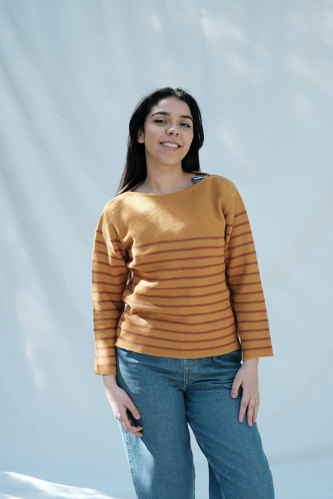 Item #65 - MARGUERITE Top in Cotton - Red Stripes Ochre