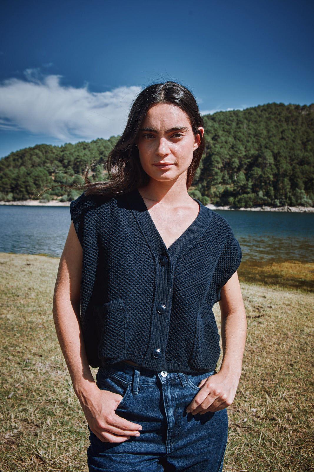 ELEONORE Sleeveless V-Neck Cardigan in Organic Cotton - Navy Blue