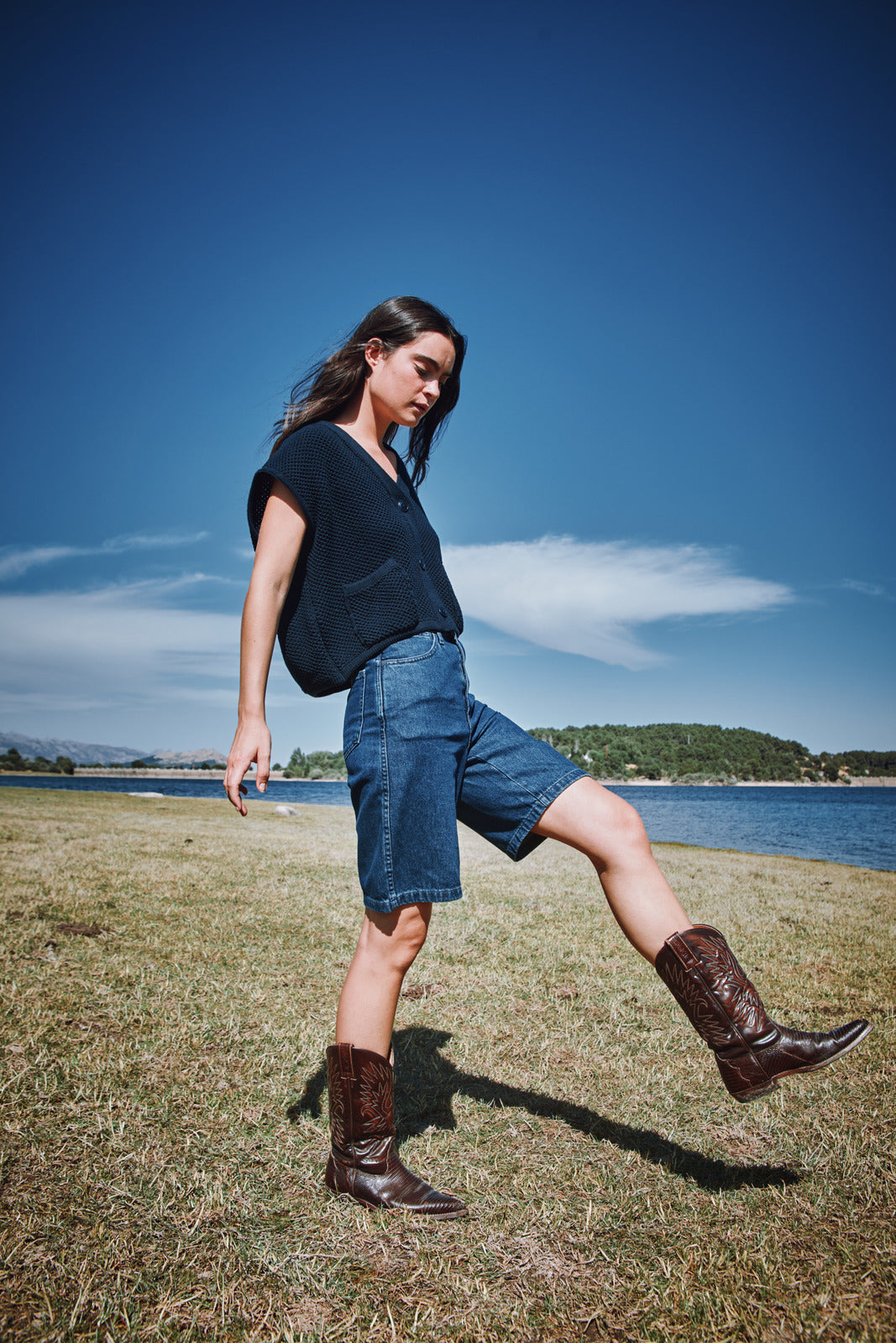 ELEONORE Sleeveless V-Neck Cardigan in Organic Cotton - Navy Blue