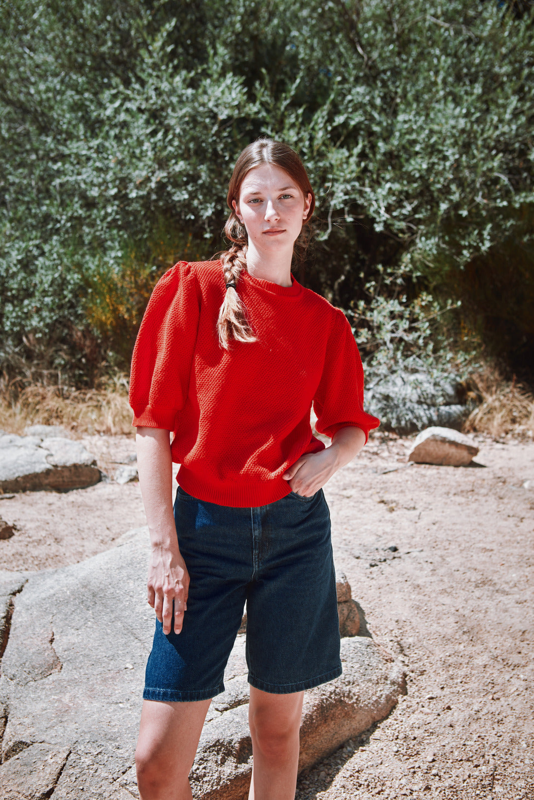 ELISABETH Puff-Sleeve Tee in Organic Cotton - Red - L'ENVERS