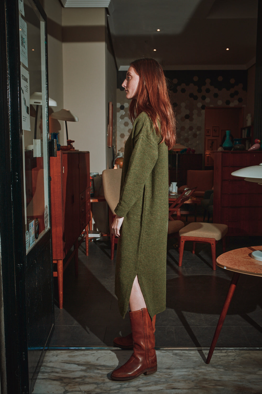 FREYA Knit Dress in Merino Wool - Olive Green