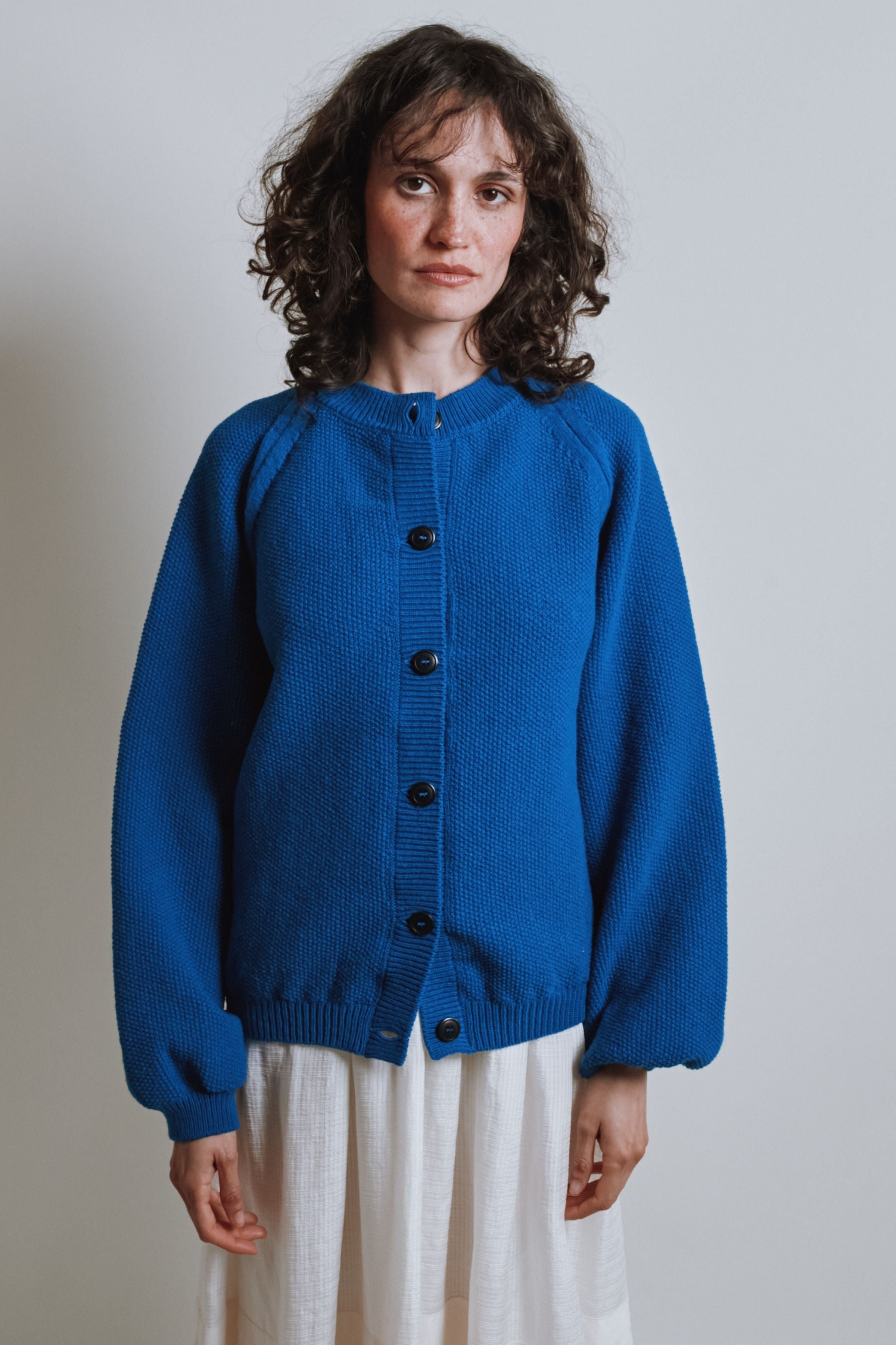 GABY Balloon-Sleeve Cardigan in Merino Wool - Cobalt Blue