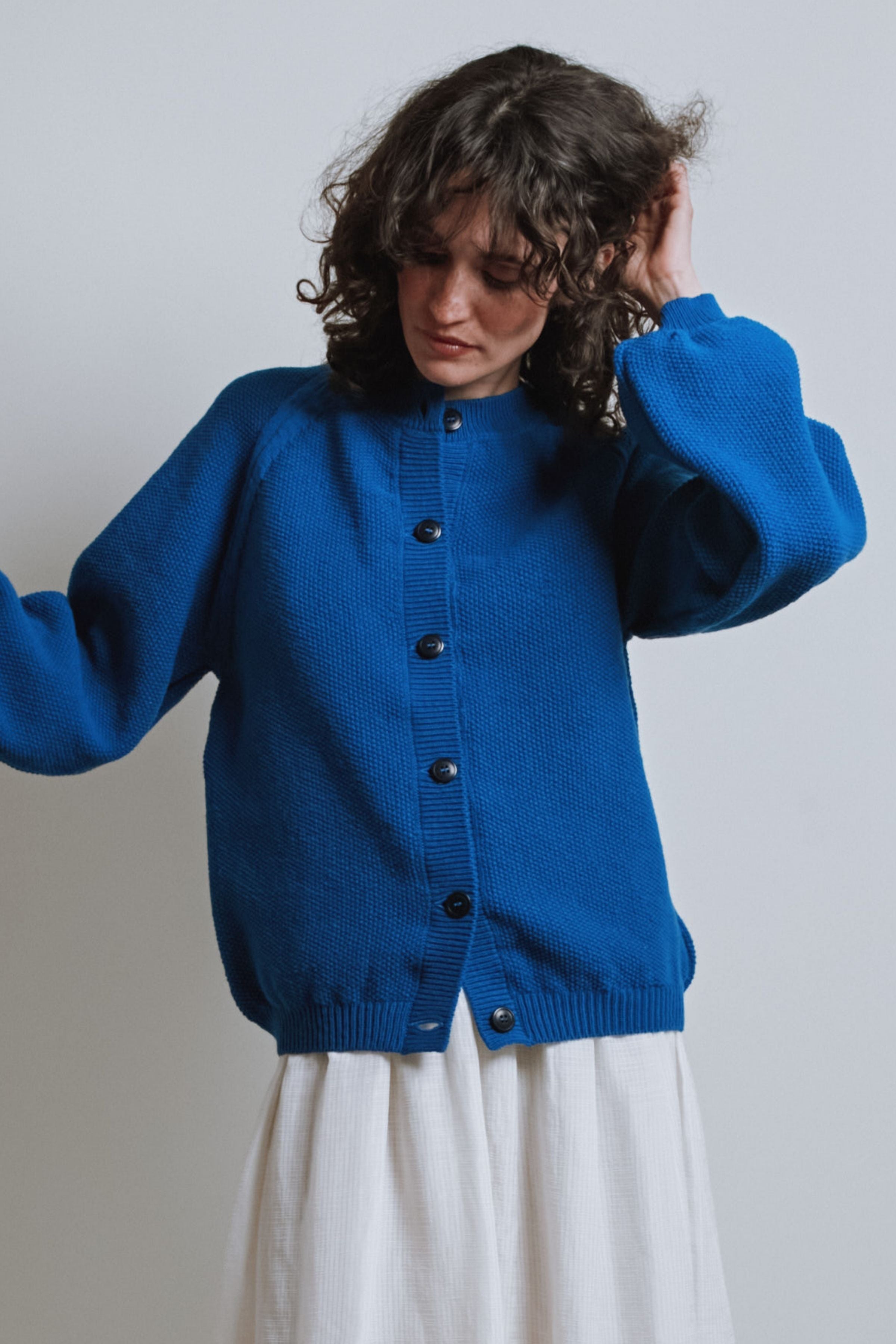 GABY Balloon-Sleeve Cardigan in Merino Wool - Cobalt Blue
