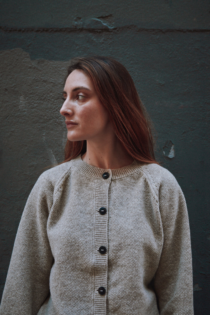 GABY Balloon-Sleeve Cardigan in Merino Wool Beige L'Envers