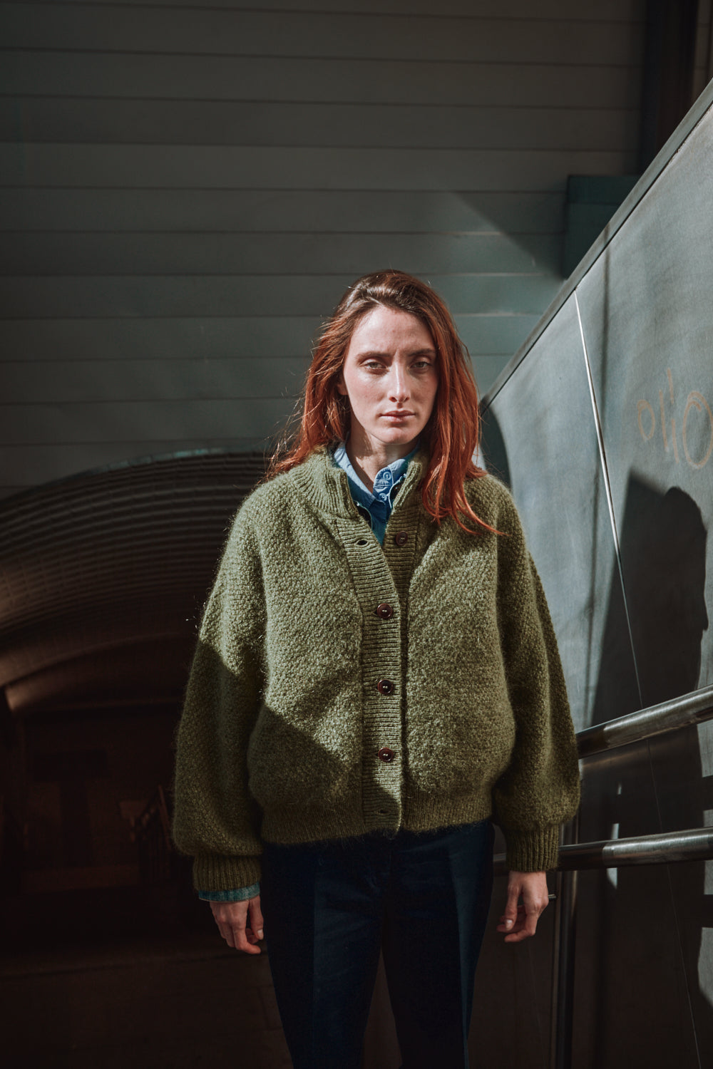 GEORGE High-Neck Cardigan Jacket in Merino-Mohair Wool - Olive Green