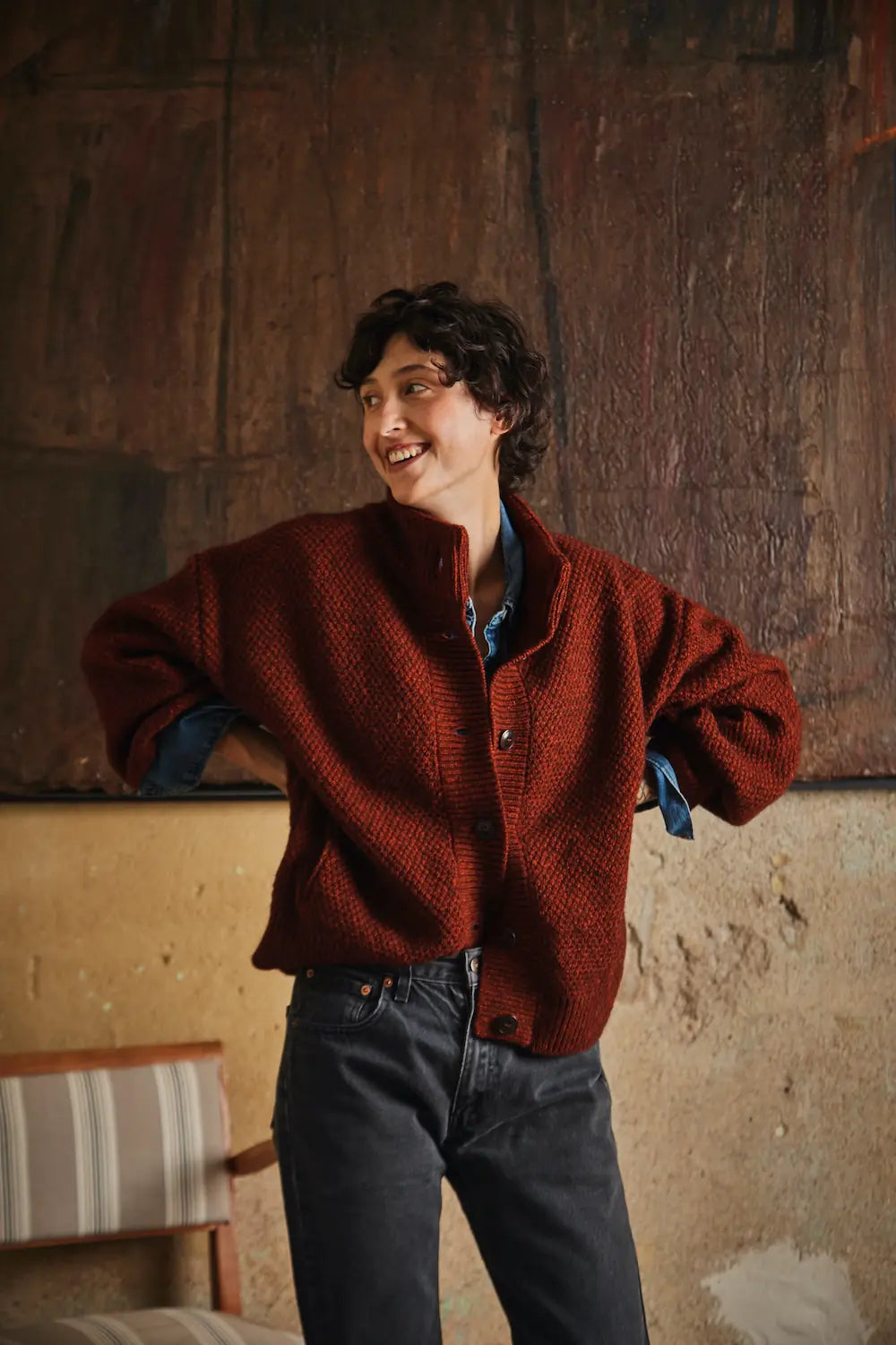 GEORGE High-Neck Cardigan Jacket in Yak-Merino Wool - Rust Red