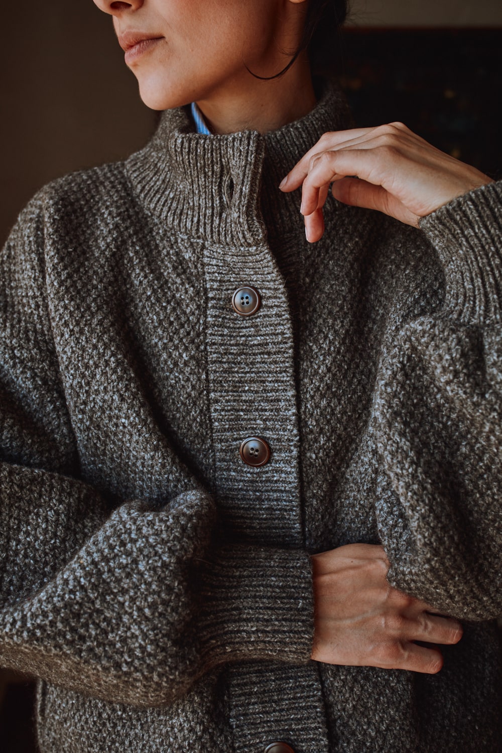 GEORGE High-Neck Cardigan Jacket in Yak-Merino Wool - Brown - 100% sustainable knitwear - L'envers