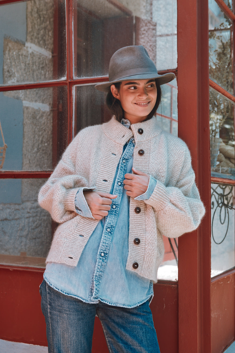 GEORGE High-Neck Cardigan Jacket in Merino-Mohair Wool - Beige