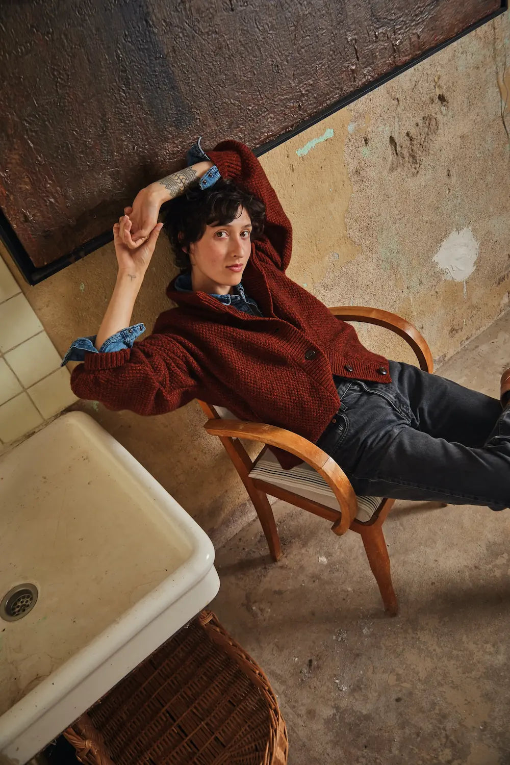 GEORGE High-Neck Cardigan Jacket in Yak-Merino Wool - Rust Red