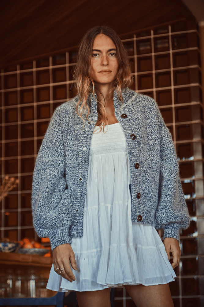 GEORGE High-Neck Cardigan Jacket in Mottled Blue - Natural Merino-Mohair Wool - L'Envers