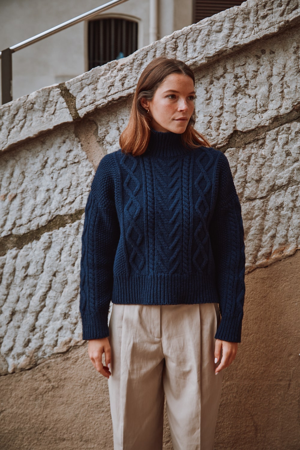 GWENAELLE Irish Cable Sweater in Merino Wool Navy L'Envers