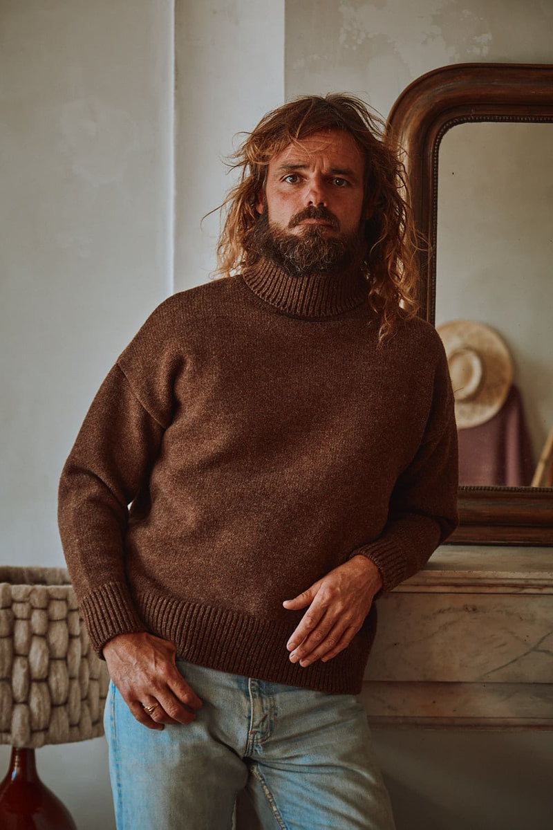 JACQUES Men Turtleneck Sweater in Merino Wool - Chocolate
