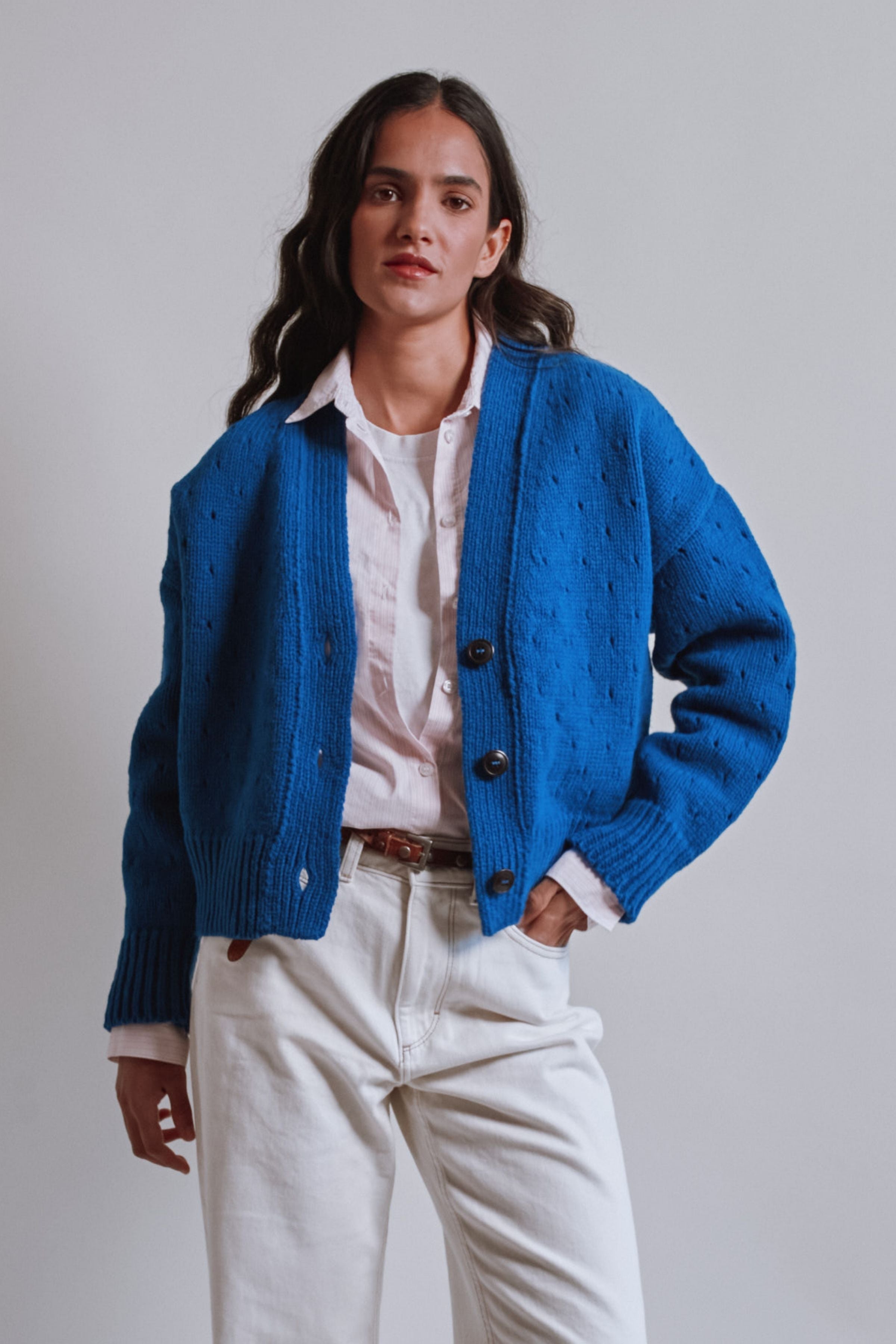 KATRINA Open Weave Cardigan in Merino Wool - Cobalt Blue