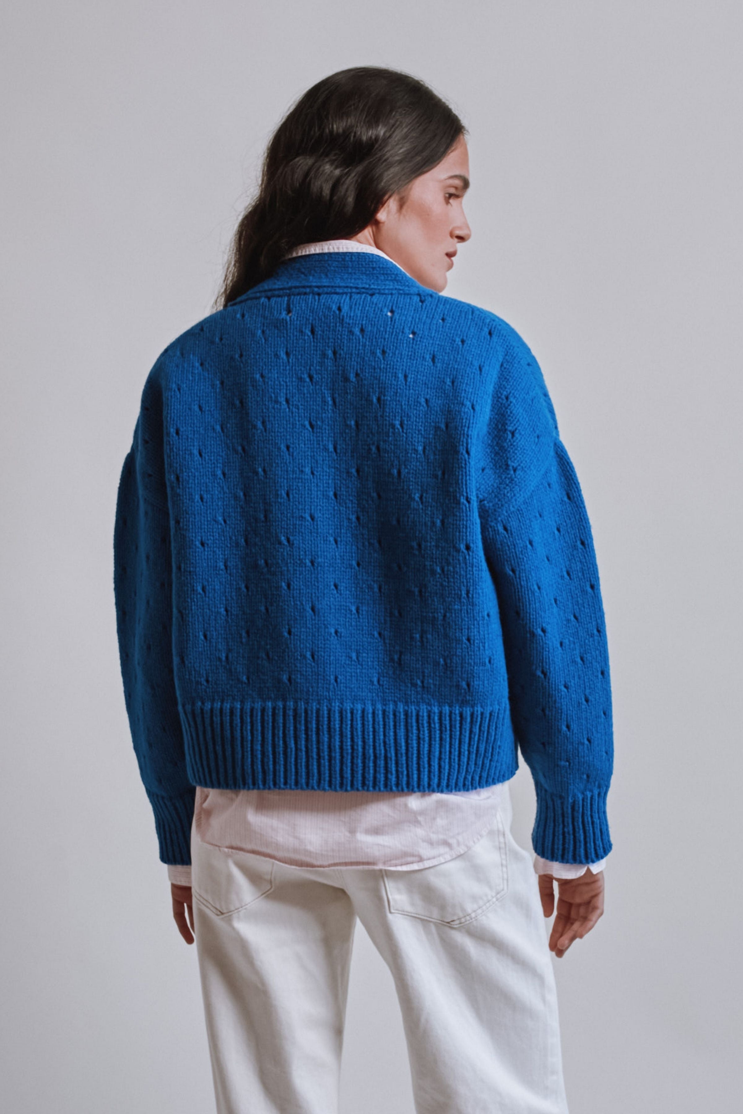 KATRINA Open Weave Cardigan in Merino Wool - Cobalt Blue