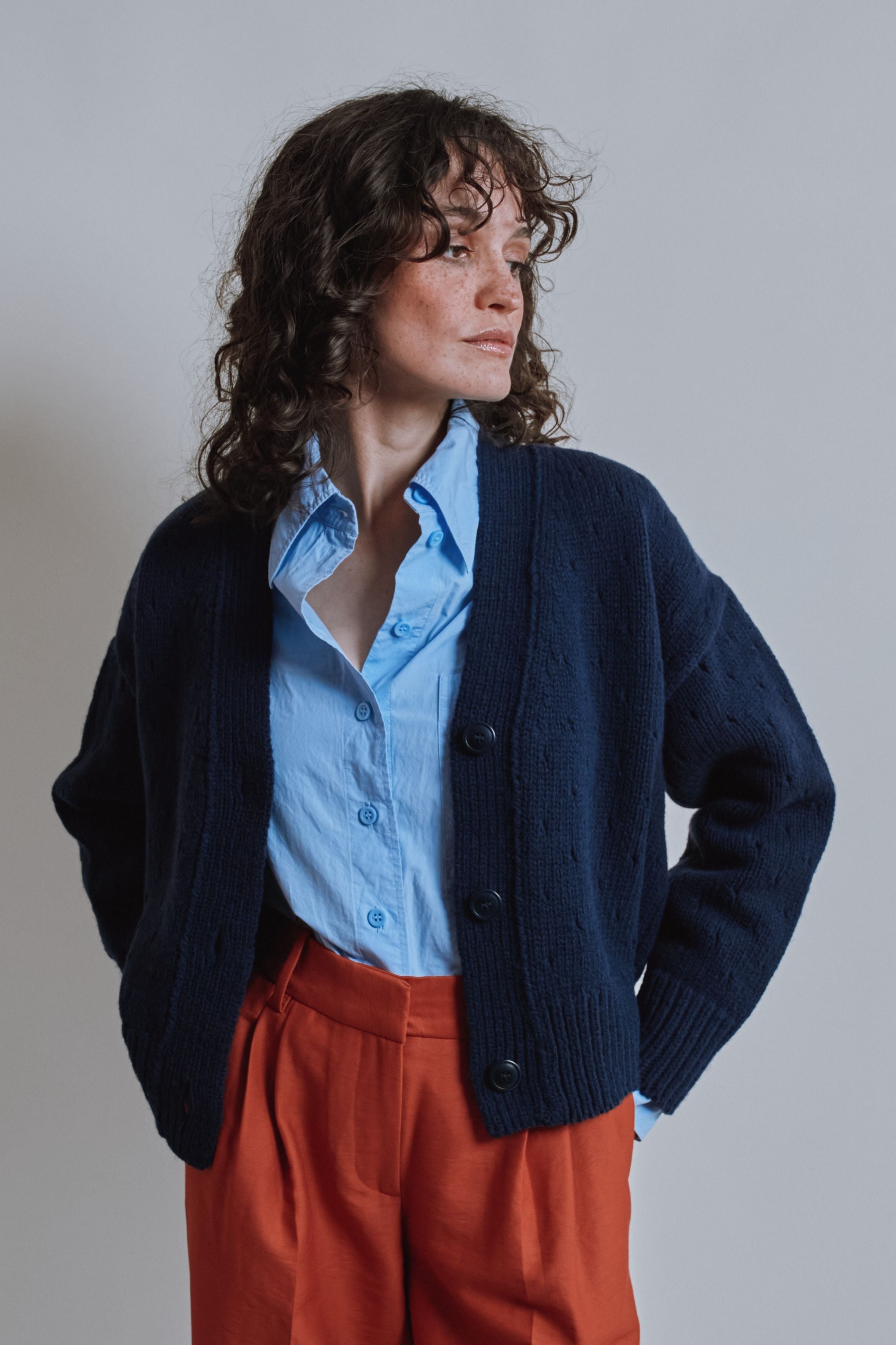 KATRINA Open Weave Cardigan in Merino Wool - Navy Blue
