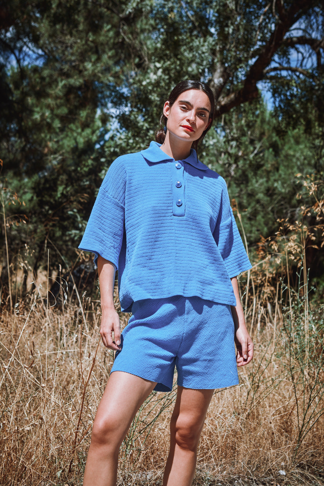 LILI Oversize Polo Shirt in Organic Cotton - Cyan - L'ENVERS
