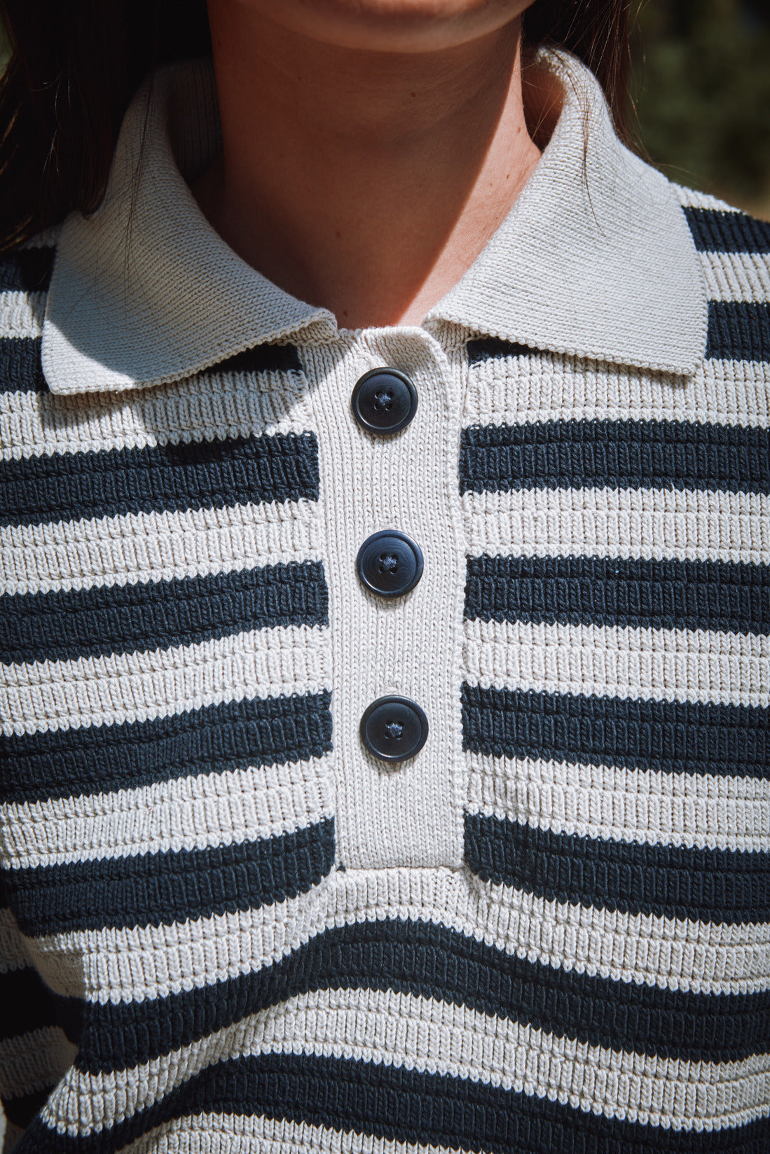 LILI Oversize Polo Shirt in Organic Cotton - Navy Blue and Off-white stripes - L'ENVERS