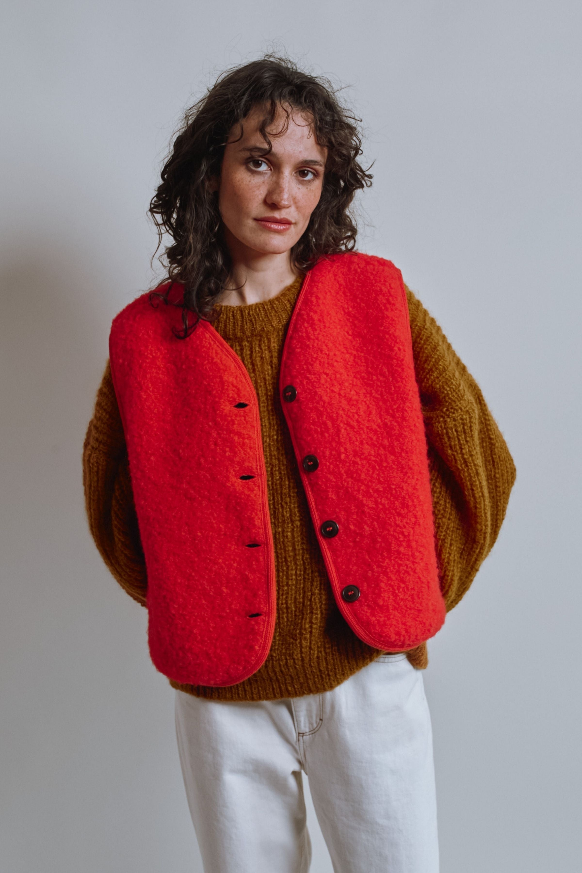 Gilet de berger LUCE en alpaga bouclé - Rouge