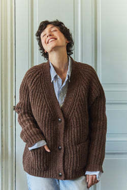 MIREILLE V Neck Sweater - 100% Cruelty Free Merino Wool in chocolate - Spanish Merino Wool Cardigan - L'Envers